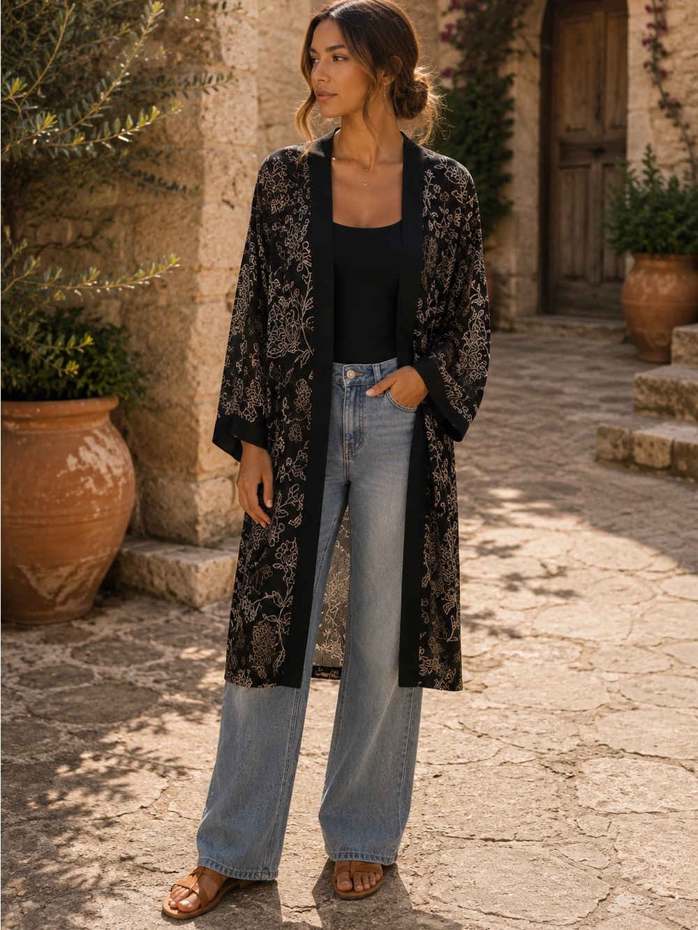 Floral Black Kimono Cardigan